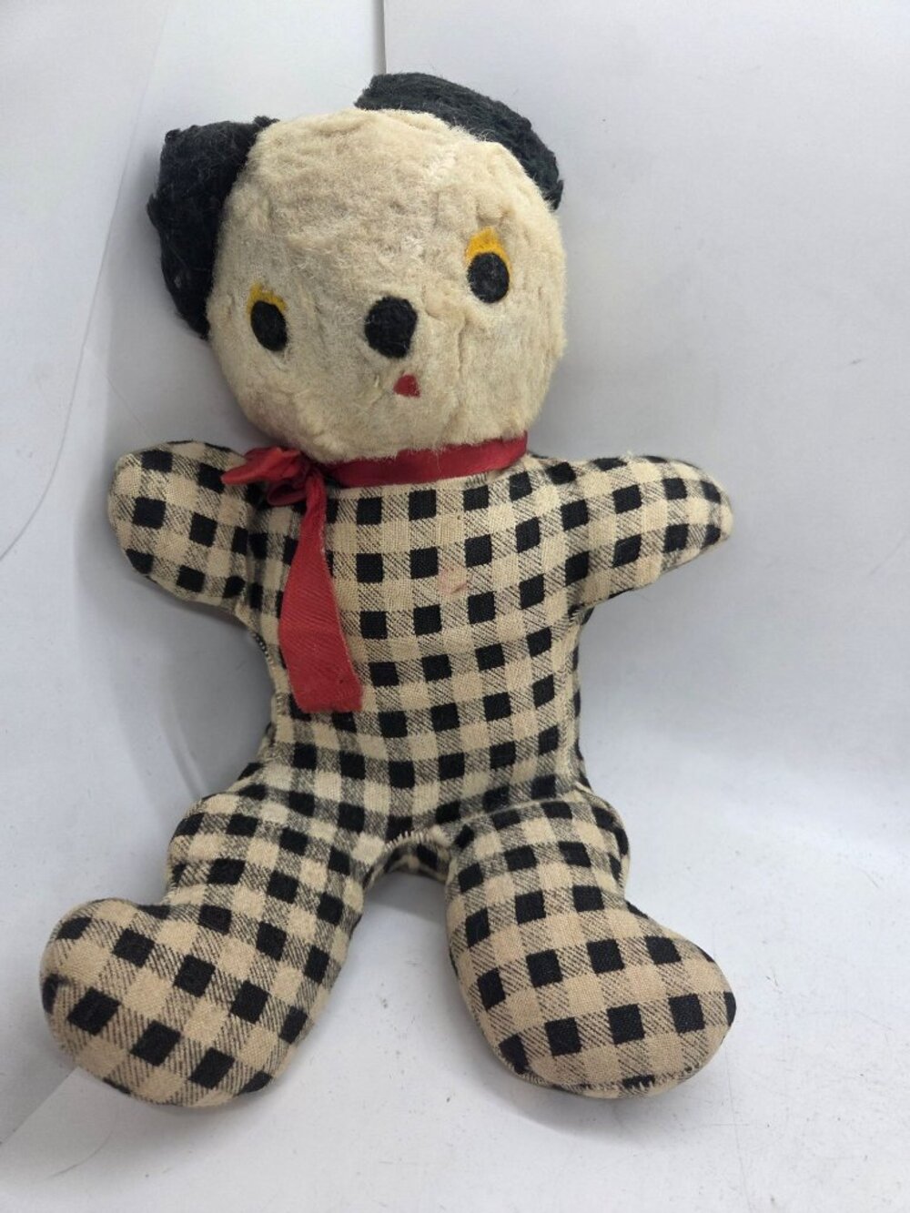 Antiq c1900s? Handmade Stuffed Bear Plush black check Hand stitched